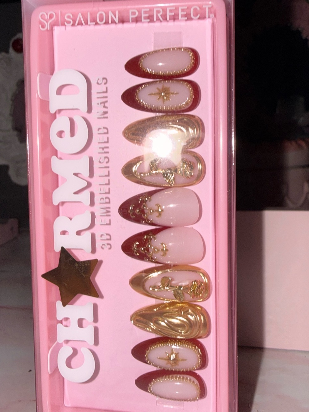Charmed 3D Embellished Press-On Nails in Pink, Burgundy & Gold - Picture 8 of 8